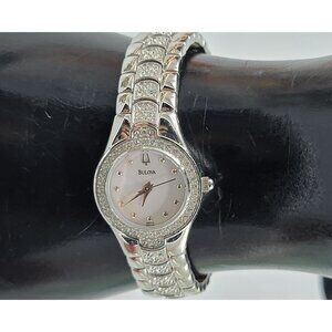 Bulova Ladies 96t14 Watch Swarovski Crystal Bezel Band 22mm MOP Dial 6.5" Runs